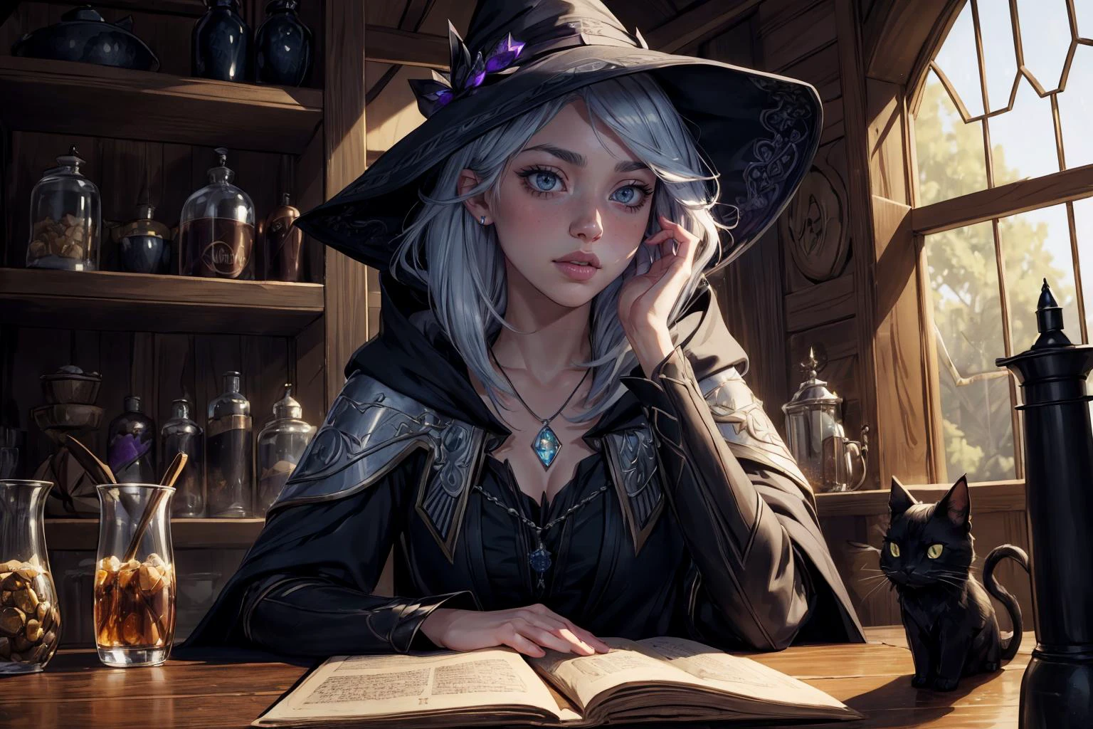 1girl,blushed face,close up photo of CoraKeegan,medium breast,detailed eyes,beautiful eyes,((looking to viewer)),detailed background,<lora:Mild detail adjusterV10_4:1>, woman in fantasy medieval nature, robe of shifting shadows, hooded, sleek straight hairstyle, silver streaked jet hair color, necklace of nightshade berries, black cat at her side, witch's hut interior, brewing a potion, mysterious pose, amber eye color, focused face expression, shelves of arcane books and glowing potions in background, (best quality:1.1),(masterpiece:1.4), (absurdres:1.0),ultra high res,8K,(cinematic light:1.1),(intricate details, hyperdetailed:1.15),(volumetric lighting:1.2),bright colors,(HDR:1),