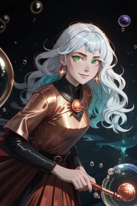 underwater, wave,  sunlit, weak lights and shadows, (copper) and (dark blue) and dark green, anime game, copper, gold, red (iridescent bubbles), black yellow crystal, sliver (chromatic bubbles), close up, 1girl, red glow eyes, white face, red leggings, copper, beautiful face, white long hair, red dress, soaps gold, copper tie, earrings, copper, glow radiance collard, golden-sliver, red dress, long dress, black pleated skirt, sliver shiny ground, transcend sliver, close up, face focus, 1girl, beautiful face, white face, white hair, red earrings, she is wearing see-through coat, cheeky smile, - underwater, wave ((iridescent bubbles)), - sunlit, weak lights and shadows, blue-green, underwater,