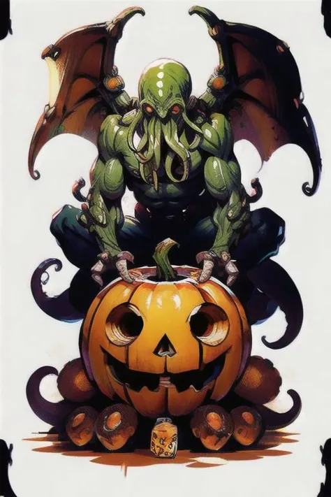 Cthulhu is a pumpkin monster among candy candles and dice, on a ship playing a board game with a vampire, bats flying around, in the steampunk style of the 19th century