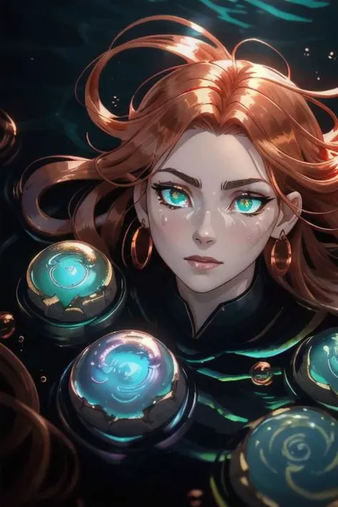 underwater, wave, sunlit, weak lights and shadows, (copper) and (dark blue) and dark green, anime game, copper, gold, red (iridescent bubbles), black yellow crystal, sliver (chromatic bubbles), close up, 1girl, red glow eyes, white face, red leggings, copper, beautiful face, white long hair, red dress, soaps gold, copper tie, earrings, copper, glow radiance collard, golden-sliver, red dress, long dress, black pleated skirt, sliver shiny ground, transcend sliver, close up, face focus, 1girl, beautiful face, white face, white hair, red earrings, she is wearing see-through coat, sexy lips, - underwater, wave ((iridescent bubbles)), - sunlit, weak lights and shadows, blue-green, underwater,