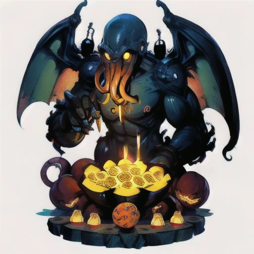 Cthulhu is a pumpkin monster among candy candles and dice, on a ship playing a board game with a vampire, bats flying around, in the steampunk style of the 19th century