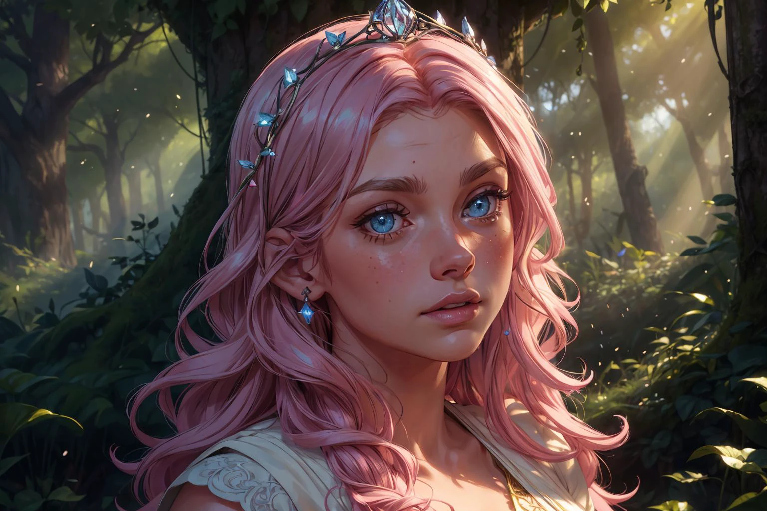 1girl,blushed face,close up photo of jessar,medium breast,detailed eyes,beautiful eyes,((looking to viewer)),detailed background,<lora:Mild detail adjusterV10_4:1>,woman in fantasy medieval nature, gown woven from morning mist, ethereal and shimmering, soft curls hairstyle, pastel pink hair color, dewdrop tiara, holding a lantern of fireflies, in a sunlit forest glade, exploring pose, sky blue eye color, curious face expression, ancient trees and sunbeams in background, (best quality:1.1),(masterpiece:1.4), (absurdres:1.0),ultra high res,8K,(cinematic light:1.1),(intricate details, hyperdetailed:1.15),(volumetric lighting:1.2),bright colors,(HDR:1),