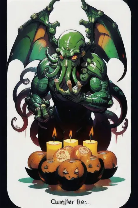 Cthulhu is a pumpkin monster among candy candles and dice, on a ship playing a board game with a vampire, bats flying around,