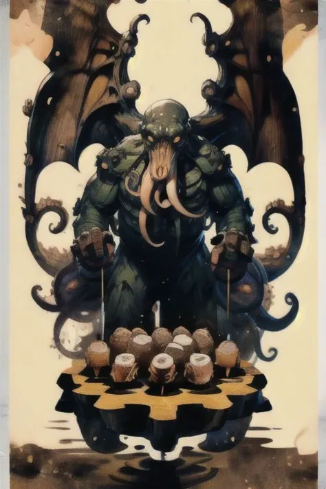 Cthulhu is a pumpkin monster among candy candles and dice, on a ship playing a board game with a vampire, bats flying around, in the steampunk style of the 19th century