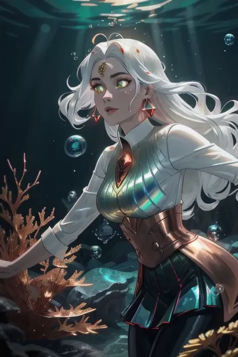 underwater, wave, sunlit, weak lights and shadows, (copper) and (dark blue) and dark green, anime game, copper, gold, red (iridescent bubbles), black yellow crystal, sliver (chromatic bubbles), close up, 1girl, red glow eyes, white face, red leggings, copper, beautiful face, white long hair, red dress, soaps gold, copper tie, earrings, copper, glow radiance collard, golden-sliver, red dress, long dress, black pleated skirt, sliver shiny ground, transcend sliver, close up, face focus, 1girl, beautiful face, white face, white hair, red earrings, she is wearing see-through coat, sexy lips, - underwater, wave ((iridescent bubbles)), - sunlit, weak lights and shadows, blue-green, underwater,