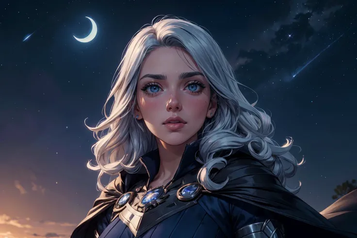 1girl,blushed face,close up photo of blw1d0w,medium breast,detailed eyes,beautiful eyes,((looking to viewer)),detailed background,<lora:Mild detail adjusterV10_4:1>, woman in fantasy medieval nature, starlit cloak, midnight blue velvet gown, celestial crown, loose curls hairstyle, silver-white hair color, moonstone bracelet, atop a high tower, gazing into the night sky, starry eye color, contemplative face expression, twinkling stars and a crescent moon in background, (best quality:1.1),(masterpiece:1.4), (absurdres:1.0),ultra high res,8K,(cinematic light:1.1),(intricate details, hyperdetailed:1.15),(volumetric lighting:1.2),bright colors,(HDR:1),