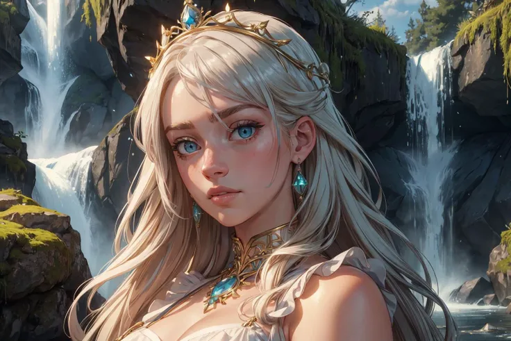 1girl,blushed face,close up photo of   b1ll1331ll1sh,medium breast,detailed eyes,beautiful eyes,((looking to viewer)),detailed background,<lora:Mild detail adjusterV10_4:1>, woman in fantasy medieval nature, elegant white gown, sheer sleeves, half up half down hairstyle, golden blonde hair color, flower crown, silver armlet, near a waterfall, standing on moss-covered rocks, blue eye color, tranquil face expression, cascading water and rainbow in background, (best quality:1.1),(masterpiece:1.4), (absurdres:1.0),ultra high res,8K,(cinematic light:1.1),(intricate details, hyperdetailed:1.15),(volumetric lighting:1.2),bright colors,(HDR:1),