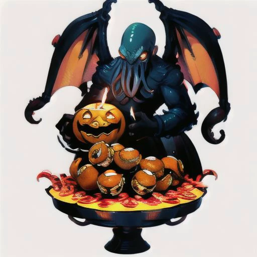 Cthulhu is a pumpkin monster among candy candles and dice, on a ship playing a board game with a vampire, bats flying around, in the steampunk style of the 19th century