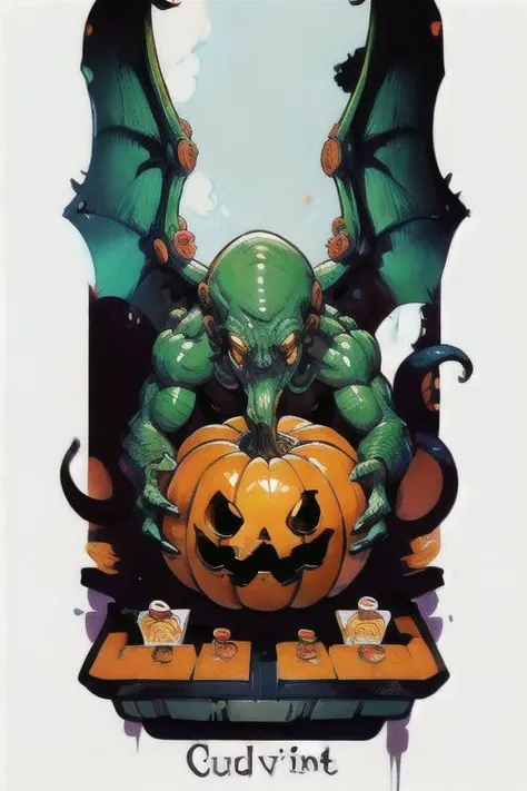 Cthulhu is a pumpkin monster among candy candles and dice, on a ship playing a board game with a vampire, bats flying around,