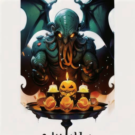 Cthulhu is a pumpkin monster among candy candles and dice, on a ship playing a board game with a vampire, bats flying around, in the steampunk style of the 19th century