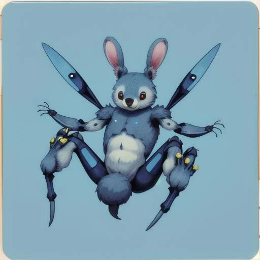 polaroid style, a blue, koala-like alien with rabbit-like ears, lighter fur on his belly and around his eyes. He has two extra arms, three spines on his back, and bug-like antenna, all of which are retractable.