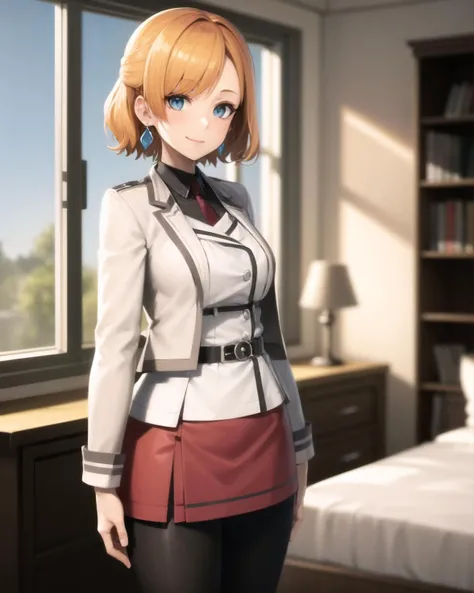 best quality, (masterpiece:1.2), illustration, absurdres,
(1girl, solo), (beautiful detailed girl), cowboy shot,
<lora:Kaela2-08:0.8>Kaela MacMillan, short hair, orange hair, blue eyes, medium breasts, earrings, black pantyhose, red miniskirt, red skirt, tight skirt, white jacket, white high heels, calm, cool
smile, looking at viewer,
inside elegant bedroom, night, window, curtain, starry sky, lamp, bookcase, nightstand, vase, desk,