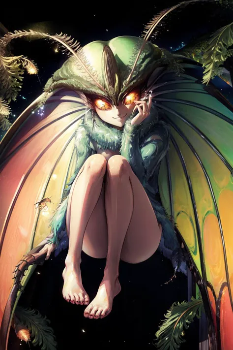 <lora:Rosine-10:1> ,rosine, berserk, naked, wings, insect girl, antennae, green skin, orange eyes, fur,
(flying), (light particles, fireflies),
(8k, masterpiece, best quality, ultra-detailed),
cute face, kawaii, cute, very big eyes, Aesthetic Anime Eyes, small face,
night sky, smile,
(full body:1.3),
1girl, solo,