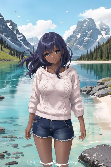 mountain, lake, <lora:mountain-10:0.6>, <lora:Leirix2-10:0.6>, dark-skinned female, wading, sweater, shorts, long hair, lips, smile