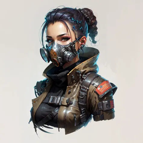 ((mejor calidad)), ((obra maestra)), (detallado), 1 chica, Female, black hood, gas mask, black jacket, bulletproof vest and green vest. Black tactical backpack. Post apocalyptic style, cold eyes, cold gaze, narrow eyes, very narrow eyes, annoyed expression. cold stare, adult, angry