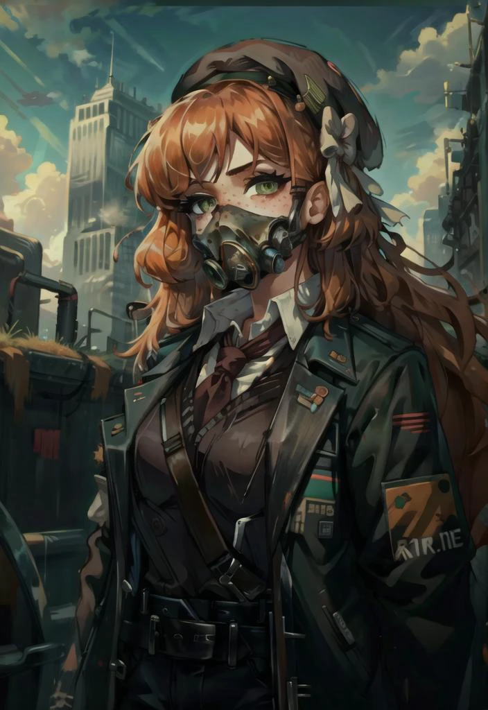 beautiful, (masterpiece:1.2), (best quality:1.2), perfect eyes, perfect face, perfect lighting, 1girl, solo, (detailed background),
postapoAI,
ishmael_limbus, orange hair, green eyes, long hair, freckle,
vest, armor, gas mask, beret,
outdoors, city, sky, daytime, skyscraper,
look at viewer, wide shot,
<lora:postapocalypseAI:0.65>,
<lora:ishmaelLimbusCompany_v1:1>,