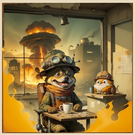 (masterpiece, best quality, funny, hilarious, comedy), postapocalypseai, office room full of fire with a happy cartoon with a hat dog sitting on a chair with a cup of coffee, window with distant nuclear explosion, (atomic explosion:1) <lora:postapocalypseai_v10:0.3>