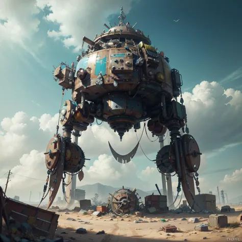 <lora:postapocalypseAI:0.65> postapoAI, 
cinematic shot ,
complicated device made of scrap metal