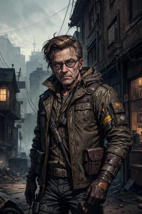 (best quality, masterpiece:1.2), photorealistic, thick outlines, strong shadows, <lora:add_detail:0.75>,
(1man, wrinkled face, old male:1.2), wise, brown eyes, brown hair, mutton chops,
solo, (full body:0.6), looking at viewer, detailed background, detailed face, (<lora:postapocalypseAI:0.4>, postapoAI, post-apocalyptic theme:1.1), secret agent, concealed, espionage, intrigue, secret mission, heist, intelligence, spy gear, yellow spy clothes, goggles, explosions in background, low light, cinematic atmosphere,