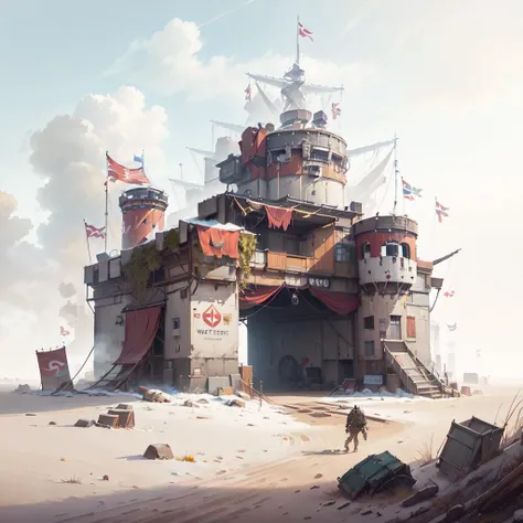 <lora:postapocalypseAI:0.8> postapoAI,
concept art, white background ,
fort