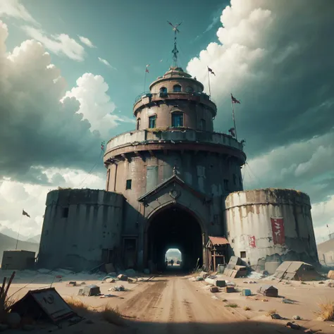 <lora:postapocalypseAI:0.65> postapoAI,
cinematic shot ,
fort