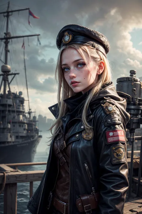 <lora:add_detail:1>
1 girl, adult (elven:0.7) woman, freckles, light blue eyes, medium blonde quiff hair,
Style-GravityMagic, solo, half shot, looking down, detailed background, detailed face, (<lora:postapocalypseAI:0.4>, postapoAI, post-apocalyptic dark dystopian theme:1.1), admiral, smiling, gray elaborate sailor uniform, elaborate cloak, admiral's cap, in dock, sails, rail, cliffs in background, dramatic lighting, somber atmosphere,