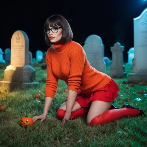 cinematic photo a woman with glasses, big breast, orange tutleneck sweater, red mini skirt, is kneeling down on the floor, cemetery, night <lora:Velma1024-000360:0.8> . 35mm photograph, film, bokeh, professional, 4k, highly detailed