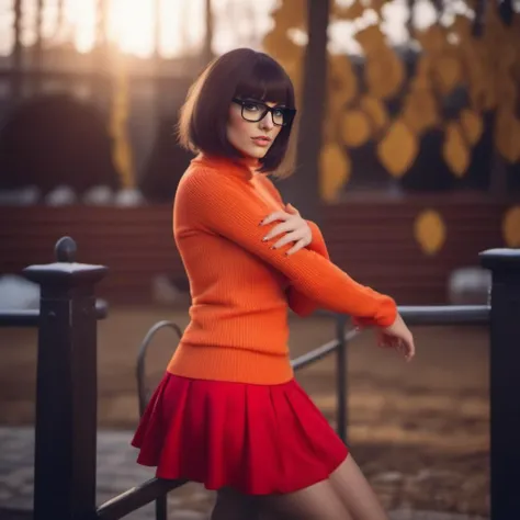 cinematic photo a realistic square cut brunette woman with black frame glasses dressed in a orange turtleneck sweat and a red miniskirt, mystery, . 35mm photograph, film, bokeh, professional, 4k, highly detailed <lora:Velma1024:0.8>