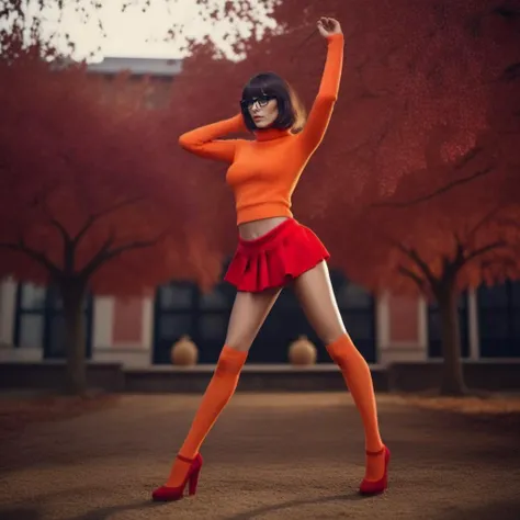 cinematic photo a realistic square cut brunette woman with black frame glasses dressed in a orange turtleneck sweat and a red miniskirt, mystery, . 35mm photograph, film, bokeh, professional, 4k, highly detailed  <lora:Velma1024:0.8>