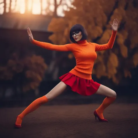 cinematic photo a realistic square cut brunette woman with black frame glasses dressed in a orange turtleneck sweat and a red miniskirt, mystery, . 35mm photograph, film, bokeh, professional, 4k, highly detailed  <lora:Velma1024:0.8>