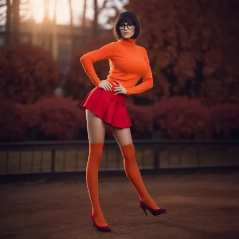 cinematic photo a realistic square cut brunette woman with black frame glasses dressed in a orange turtleneck sweat and a red miniskirt, mystery, . 35mm photograph, film, bokeh, professional, 4k, highly detailed <lora:Velma1024:0.8>