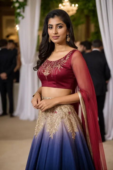 candid, RAW photo, , pakistani woman, l3h3ng4_1, whole body, red satin organza ombre floral gold embroidered long lehenga with fitted blouse, draped scarf sleeves, country mansion, ball room, crowds, luxury, event, celebrity, wedding, london, daytime, 8k uhd, dslr, soft lighting, high quality, film grain, Fujifilm XT3, <lora:l3h3ng4_1:0.3>