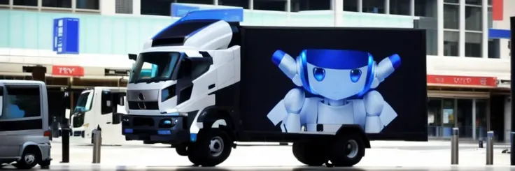 robot, heart, <lora:ADtruck_v2:0.8>, outdoors, motor vehicle, vehicle focus, building, city, photo background