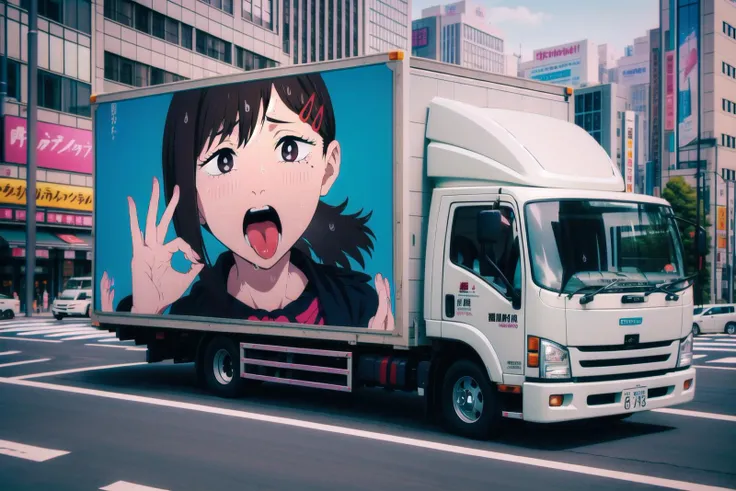 absurdres, highres, ultra detailed, real world location, photo background, <lora:adtruck_v1:0.6>, <lora:felges1:1>, hand gesture, <lora:KobeniMakimaAndPowerV1.5:0.9>, kobeni, sweat, blush, open mouth, tongue out, ground vehicle, outdoors, building, road, city, street, truck