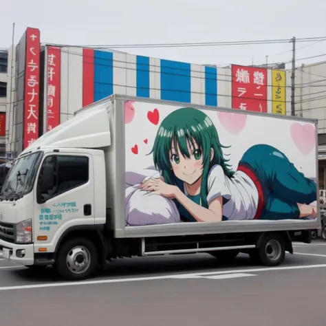 motor vehicle, vehicle focus, solo, truck, real world location, photo background, <lora:ADtruck_v2:0.6>, (lying:1.1), pants, shirt, bed, pillow, heart, smile, shy, signature, anime_coloring, green hair