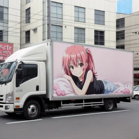 motor vehicle, 1girl, vehicle focus, solo, truck, real world location, photo background, <lora:ADtruck_v2:0.6>, lying, pants, pink hair, anime_coloring, bed, pillow, heart, smile, shy