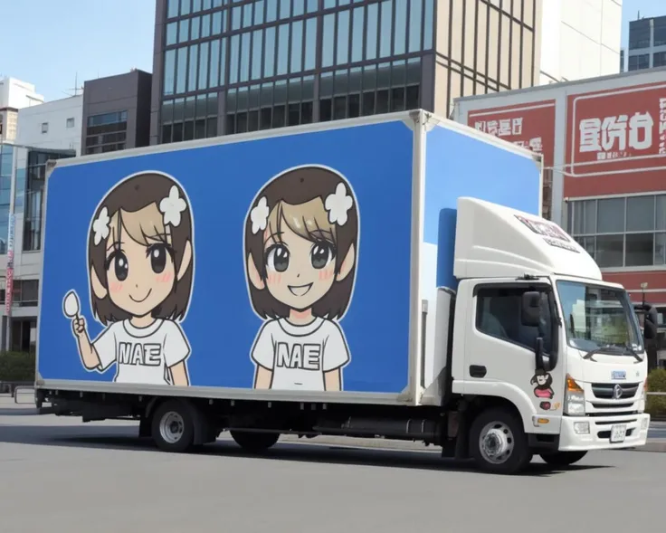 ground vehicle, looking at viewer, outdoors, building, road, city, street, smile, vehicle focus, truck, real world location, photo background <lora:adtruck_v1:0.7>, chibi girl