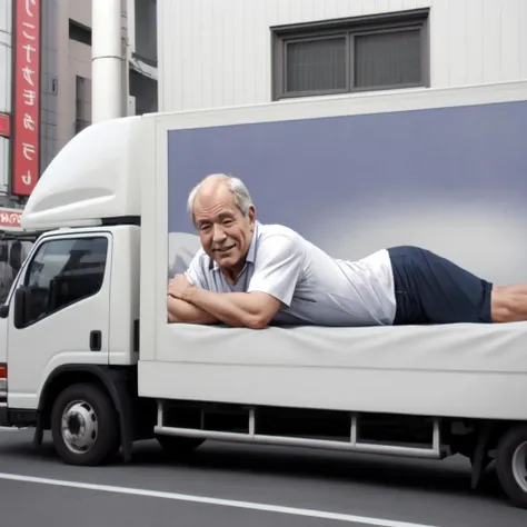 motor vehicle, vehicle focus, solo, truck, real world location, photo background, <lora:ADtruck_v2:0.6>, (lying:1.1), pants, shirt, 1boy, old bared man, bed, pillow, heart, smile, shy, signature