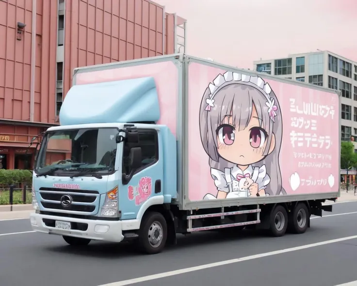 ground vehicle, outdoors, building, road, city, street, truck, real world location, photo background <lora:adtruck_v1:0.7>, pink background, chibi, maid headdress,  maid apron,