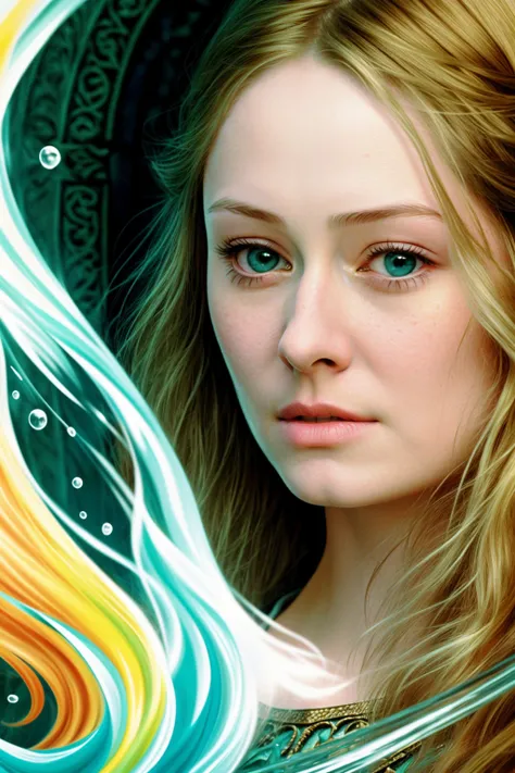 flat color,colorful,masterpiece, best quality, original, extremely detailed wallpaper, closeup, galadriel, looking at viewer, 1girl, solo,floating hair, colorful water painting <lora:Eowyn:0.8>