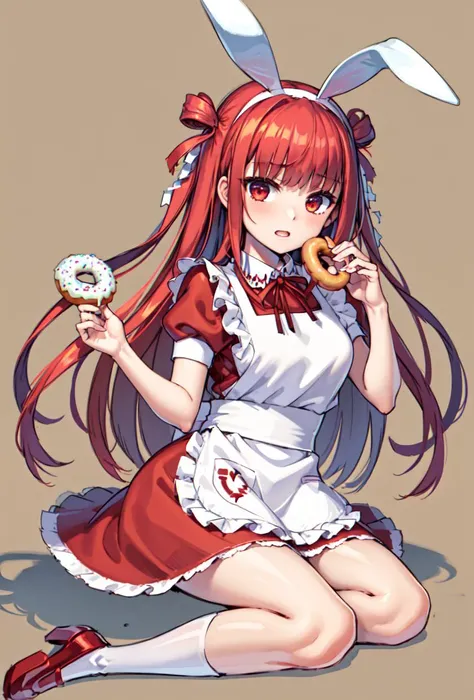 ((masterpiece, best quality)), 1girl, doughnuts, holding doughnut
umegiri ameto, red eyes, red hair, long hair, red socks, two-tone socks, double bun, rabbit ears, frilled, red dress, white apron <lyco:umegiriAmetoBeatmania:0.7>