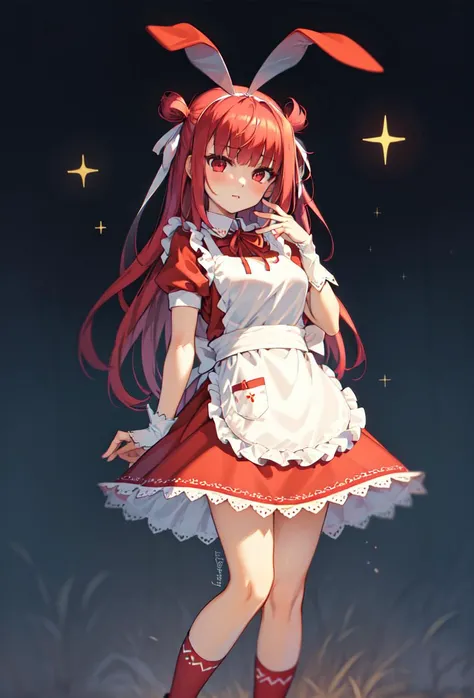 ((masterpiece, best quality)), 1girl, standing
umegiri ameto, red eyes, red hair, long hair, red socks, two-tone socks, double bun, rabbit ears, frilled, red dress, white apron <lyco:umegiriAmetoBeatmania:0.7>