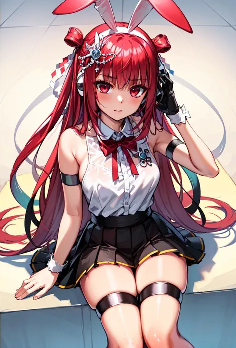 ((masterpiece, best quality)), 1girl
umegiri ameto, red eyes, red hair, long hair, double bun, rabbit ears, pleated skirt, white skirt, sleeveless, thigh strap, hair ornament, headphones, white shirt <lyco:umegiriAmetoBeatmania:0.75>