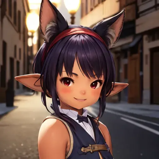 ((best quality)), ((masterpiece)), ((realistic)), (detailed), 1girl, solo, , (close-up portrait), high detail, brown nose, dark purple pleated skirt, hairband, dark purple vest, asymmetrical bangs, (dark blue hair color), looking at viewer, bare shoulders, red eye color, medium sharp bob hair, hair ornament, fake animal ears headband, wrist cuffs with bows, closed mouth, smiling, happy:0.5, tanned skin, magic, dynamic pose in a city street at night, absurdres <lora:lalafell_v1.5:0.8>