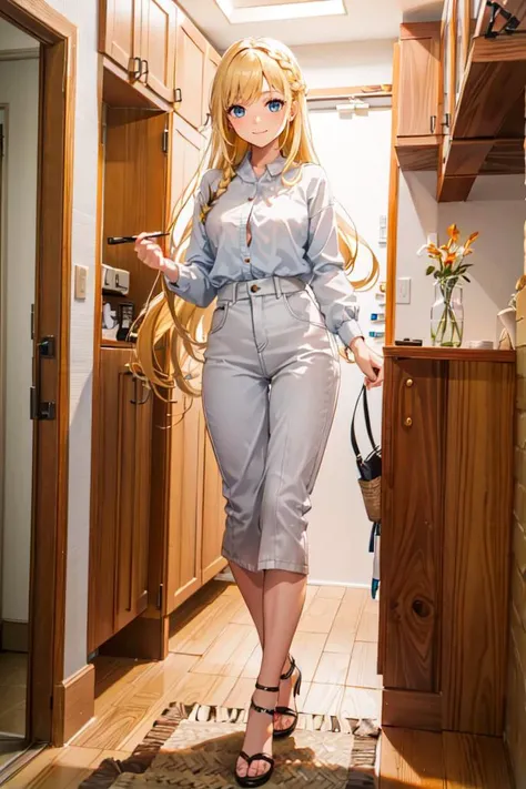 <lora:JMG:0.8> JMG3, genkan, door, indoors, scenery, hallway,, ultra detailed, masterpiece, best quality, aesthetic, detailed,, solo, soft smile, light smile,
1girl, blue eyes, very long hair, blonde hair, long blonde hair, french braid, bangs, medium breasts,