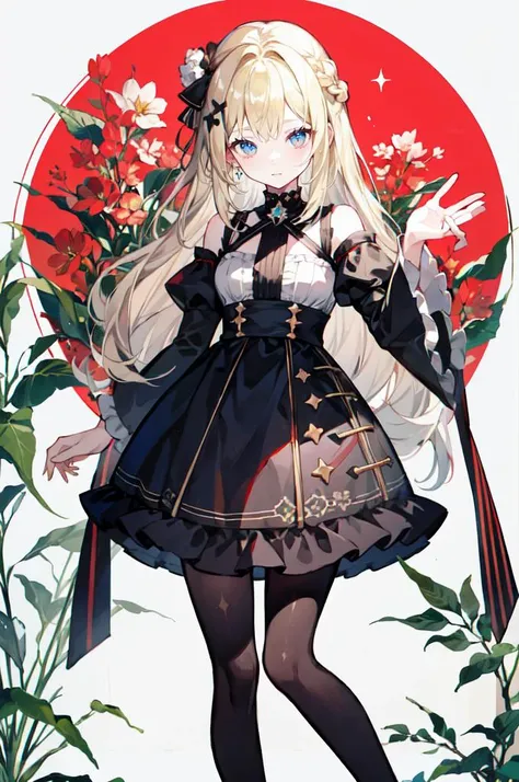 <lora:huaf2023:0.9> huaf2023, watercolor \(medium\),, ultra detailed, masterpiece, best quality, aesthetic, detailed,, solo, soft smile, light smile,
1girl, blue eyes, very long hair, blonde hair, long blonde hair, french braid, bangs, medium breasts,, hair ribbon, frilled choker, criss-cross halter, sleeveless dress, high-waist skirt, backless dress, waist bow, detached sleeves, frilled sleeves, wide sleeves, pantyhose, patterned legwear, mary janes,