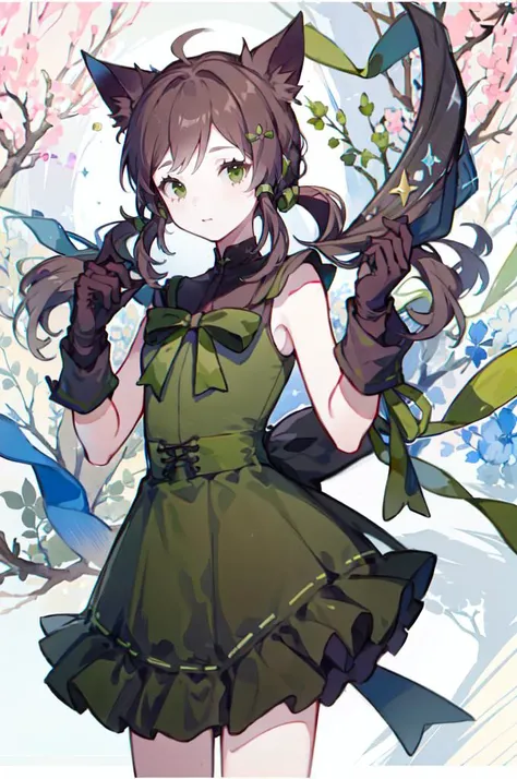 <lora:huaf2023:0.9> huaf2023, watercolor \(medium\), <lora:RtPL-Rose:1> rose_(riviera), cat_ears, green_eyes, cat_tail, black_hair, green_bow, gloves, green ribbon, black_dress, sleeveless,, ultra detailed, masterpiece, best quality, aesthetic, detailed,