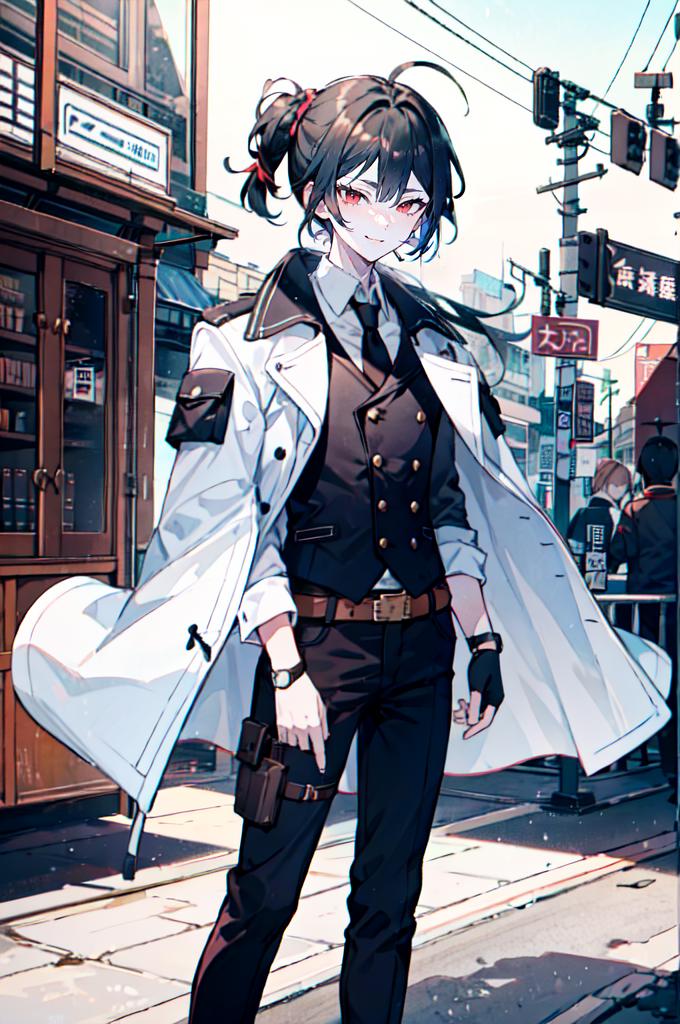 Anime girl in a white coat and black pants standing on a street corner ...