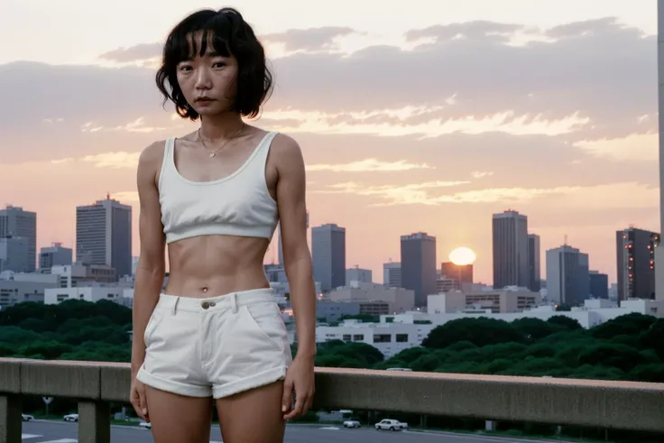 color film photograph of (baedoona) woman, wearing 80s fashion, shorts, tanktop, 1980s, Tokyo, city, modelshoot style, 35mm,provia,dramatic light, (sunset:0.9), <lora:80sJapanAnalogFilm_10:0.4>, <lora:baedoona3-000002:1>