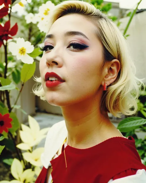 color Film photograph of a beautiful woman, short hair, tokyo, 1980s, blond hair, gyaru, makeup, red lipstick  <lora:80s Japan 2:0.5>